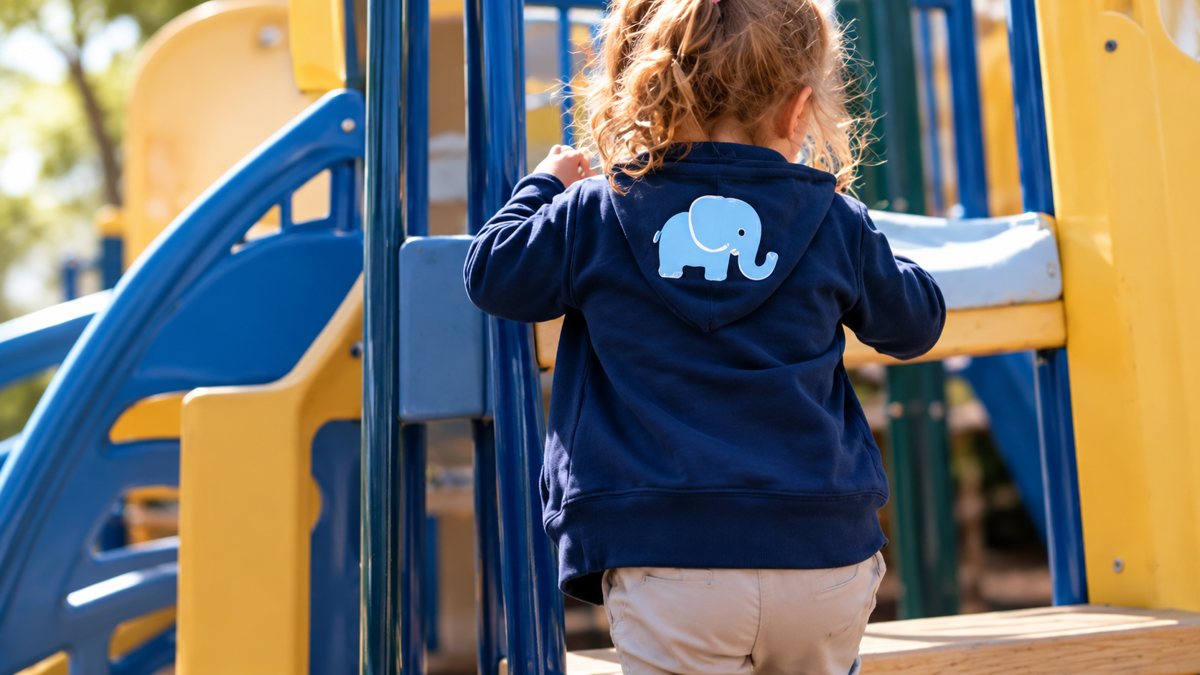 Una niña con la sudadera de la escuela sube al área de juegos